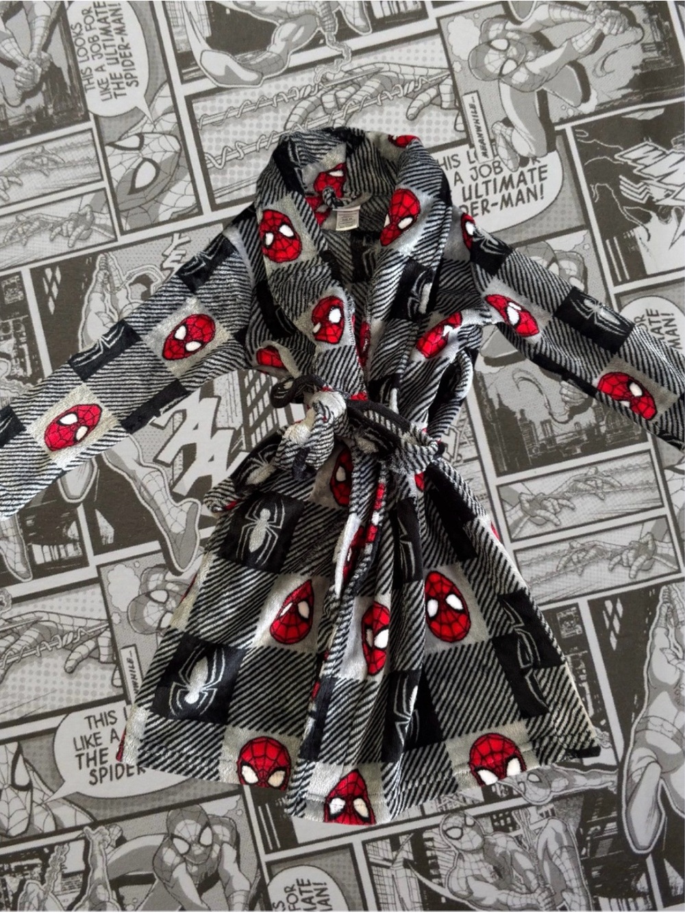 Kids Spider-Man Plaid Fleece Robe - Red & Black
